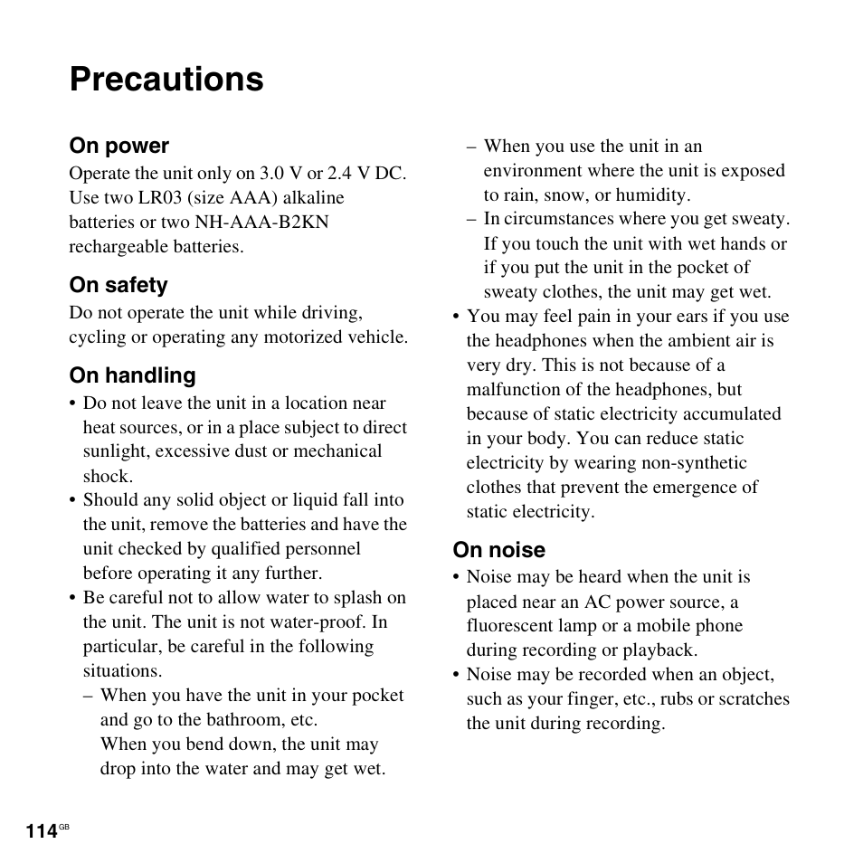 Precautions | Sony PX312F User Manual | Page 114 / 146