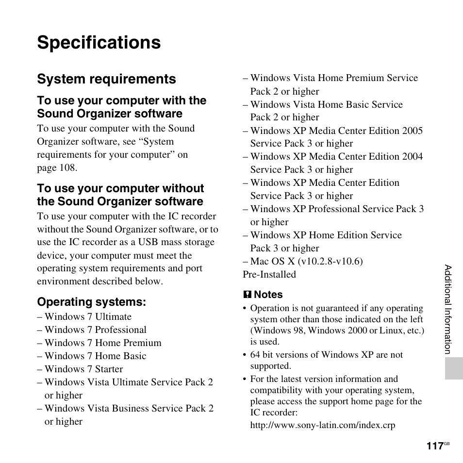 Specifications, System requirements | Sony PX312F User Manual | Page 117 / 146