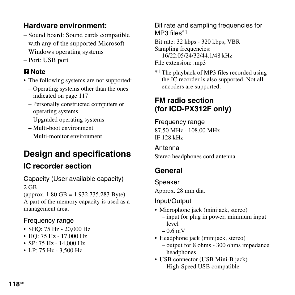 Design and specifications, Hardware environment, General | Sony PX312F User Manual | Page 118 / 146