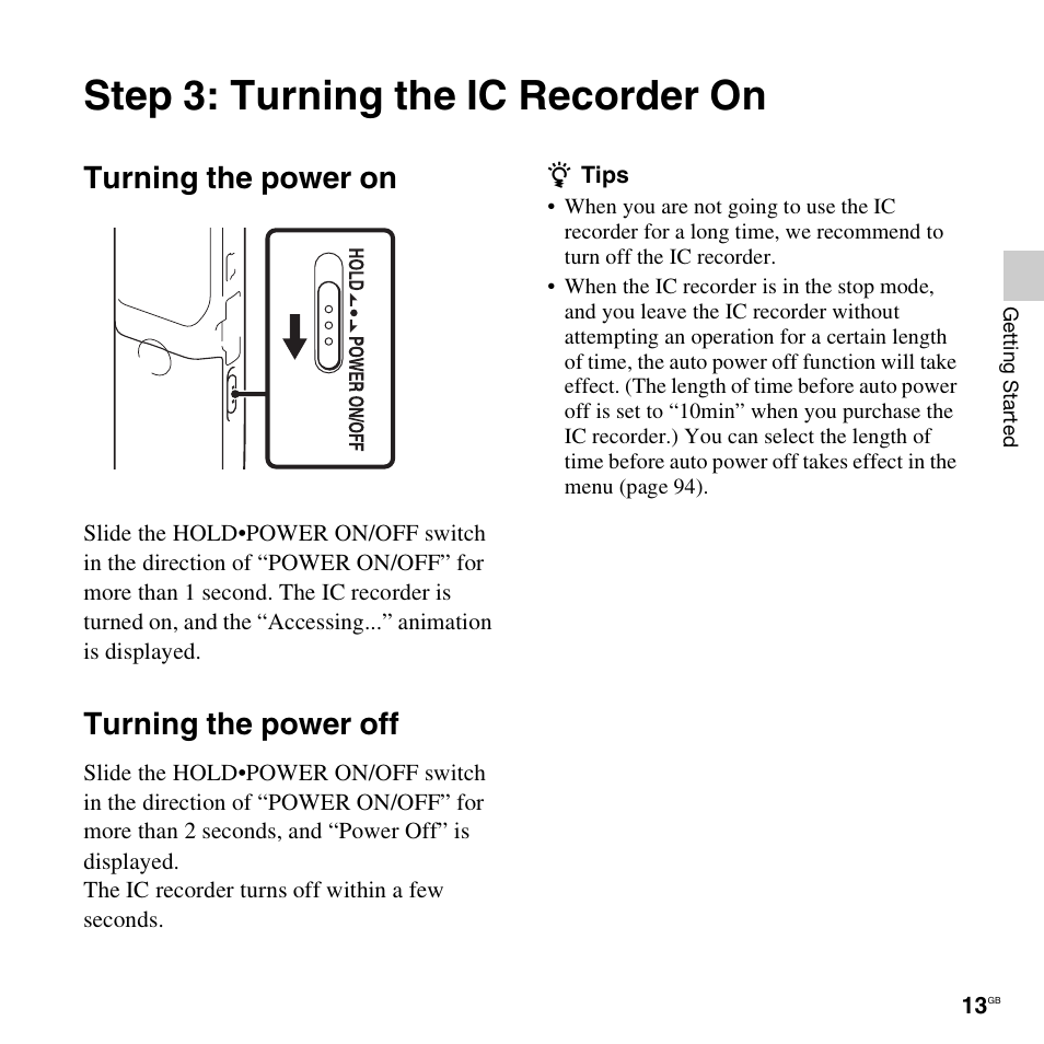 Step 3: turning the ic recorder on, Turning the power on, Turning the power off | Turning the power on turning the power off | Sony PX312F User Manual | Page 13 / 146