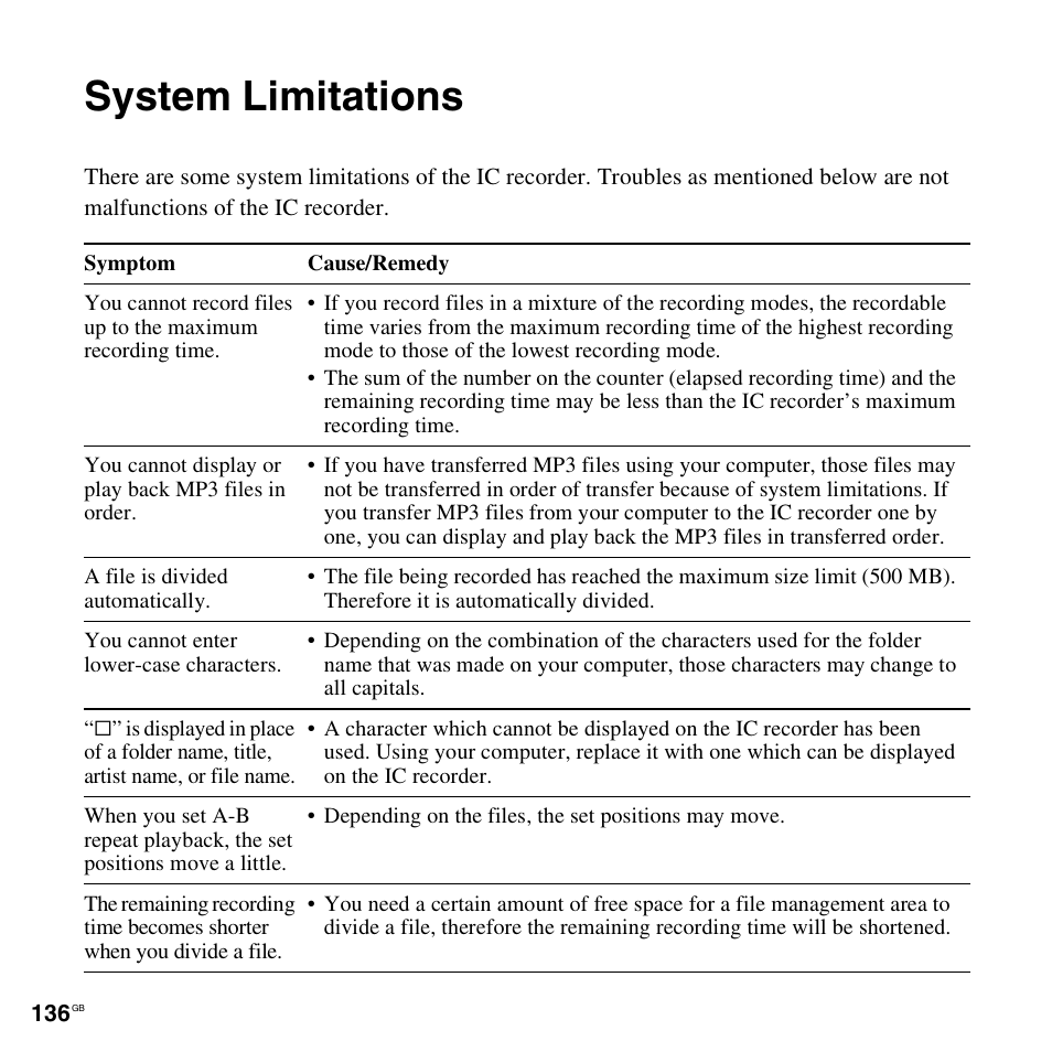 System limitations | Sony PX312F User Manual | Page 136 / 146