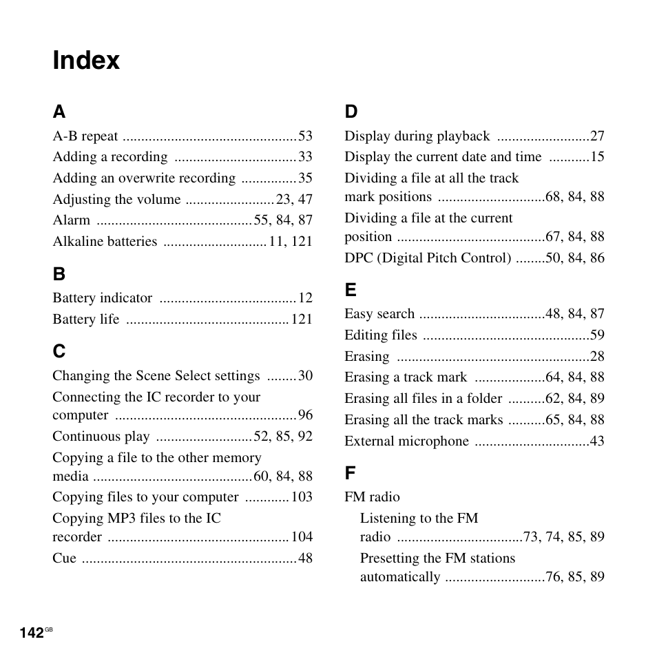 Index | Sony PX312F User Manual | Page 142 / 146