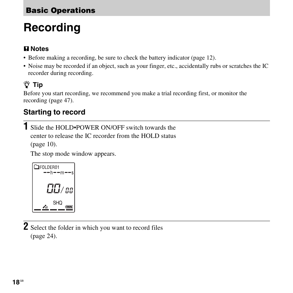 Basic operations, Recording | Sony PX312F User Manual | Page 18 / 146