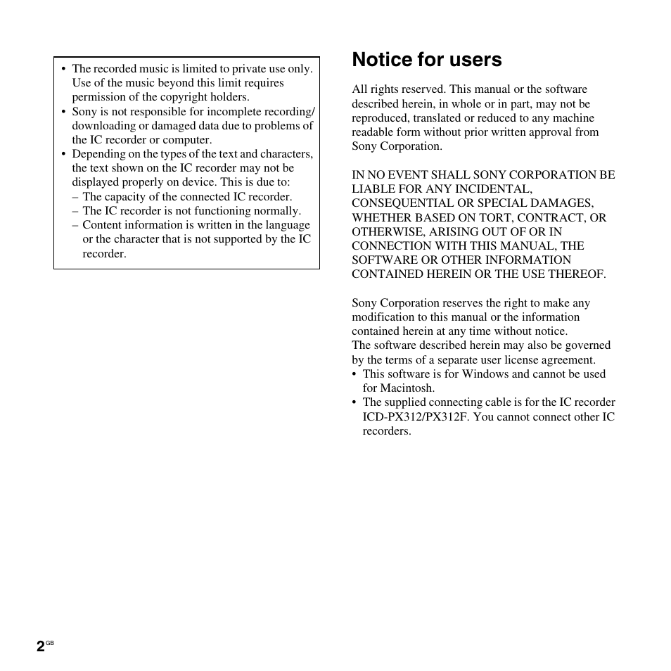 Notice for users | Sony PX312F User Manual | Page 2 / 146