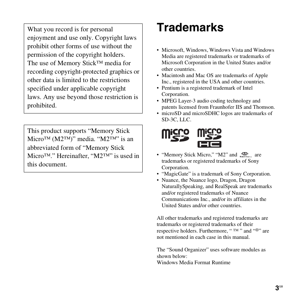 Trademarks | Sony PX312F User Manual | Page 3 / 146