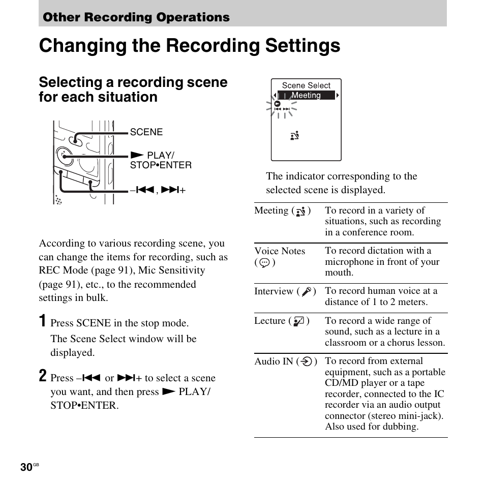 Other recording operations, Changing the recording settings, Selecting a recording scene for each situation | Sony PX312F User Manual | Page 30 / 146
