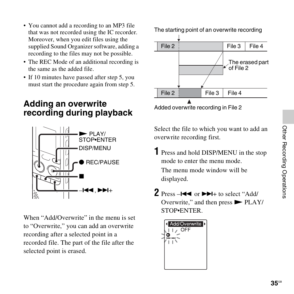 Adding an overwrite recording during playback | Sony PX312F User Manual | Page 35 / 146