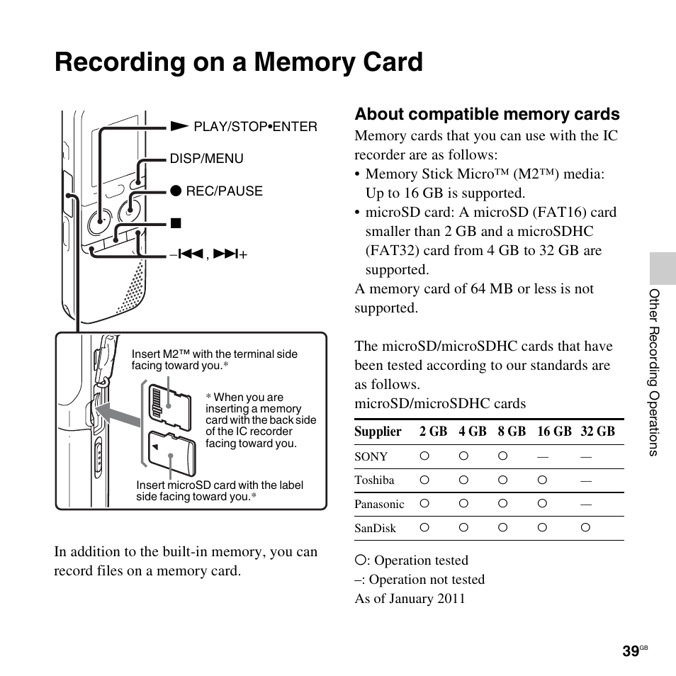 Recording on a memory card | Sony PX312F User Manual | Page 39 / 146