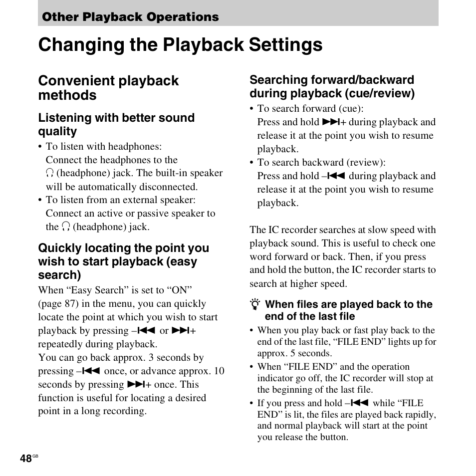 Other playback operations, Changing the playback settings, Convenient playback methods | Sony PX312F User Manual | Page 48 / 146