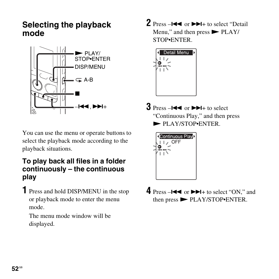 Selecting the playback mode | Sony PX312F User Manual | Page 52 / 146