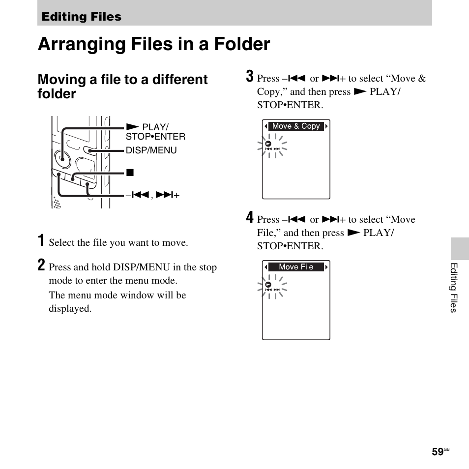 Editing files, Arranging files in a folder, Moving a file to a different folder | Sony PX312F User Manual | Page 59 / 146