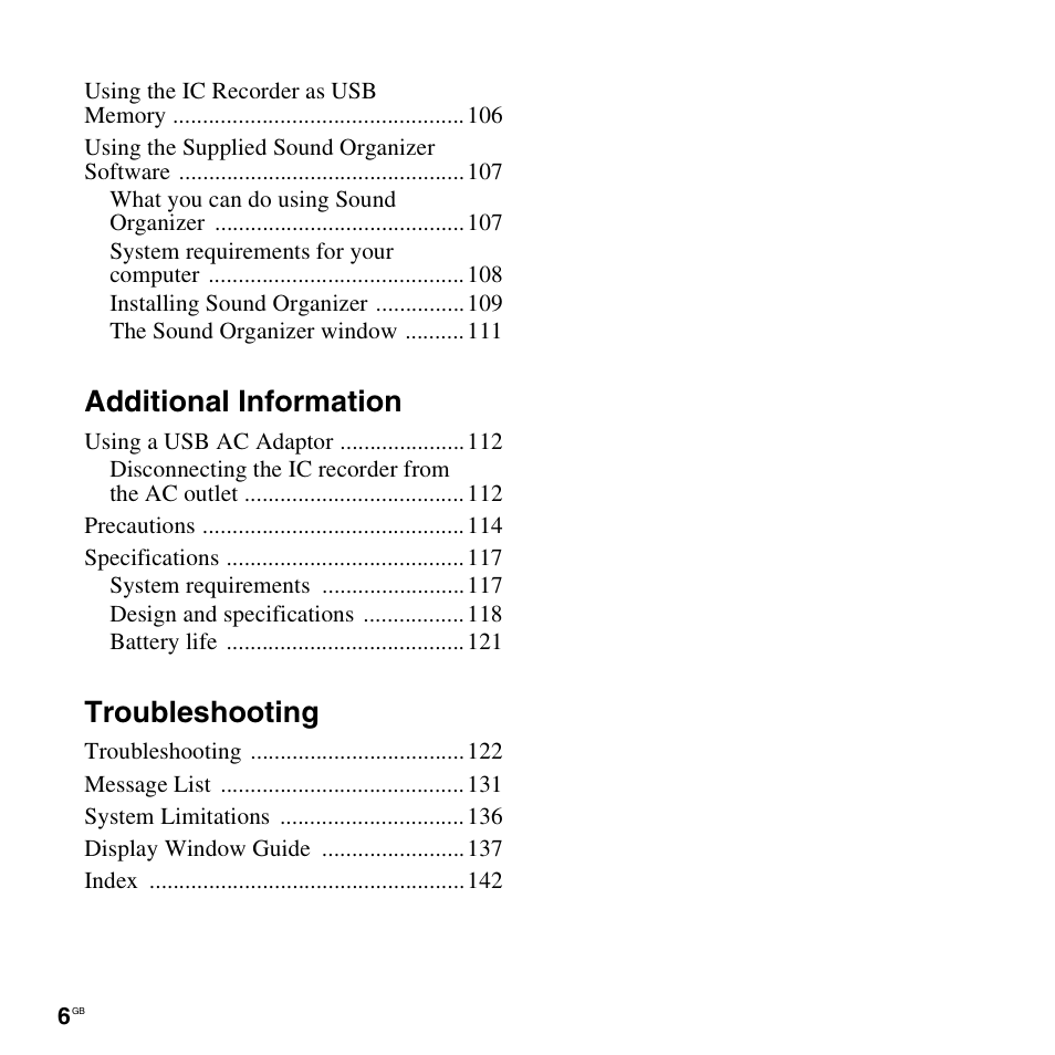 Additional information, Troubleshooting | Sony PX312F User Manual | Page 6 / 146