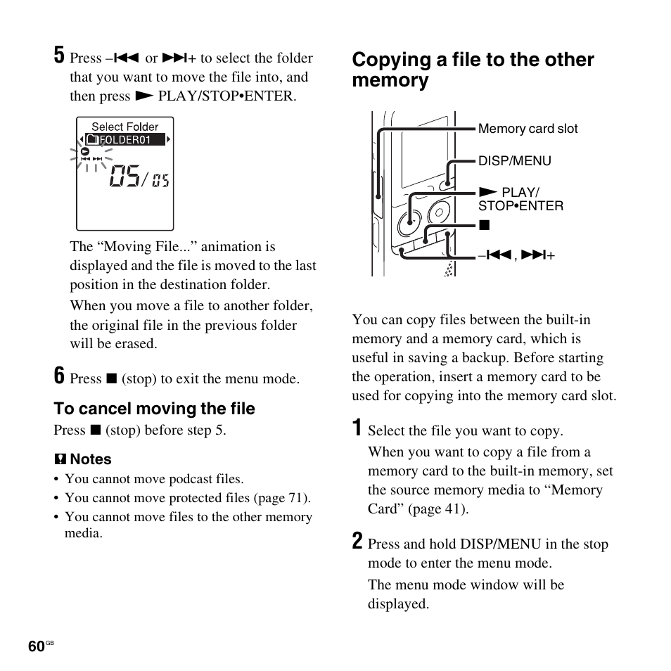Copying a file to the other memory | Sony PX312F User Manual | Page 60 / 146