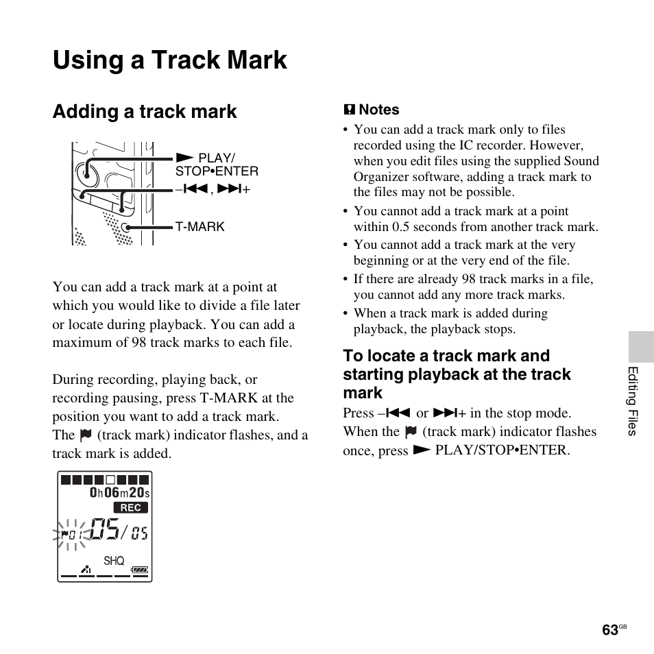 Using a track mark, Adding a track mark | Sony PX312F User Manual | Page 63 / 146