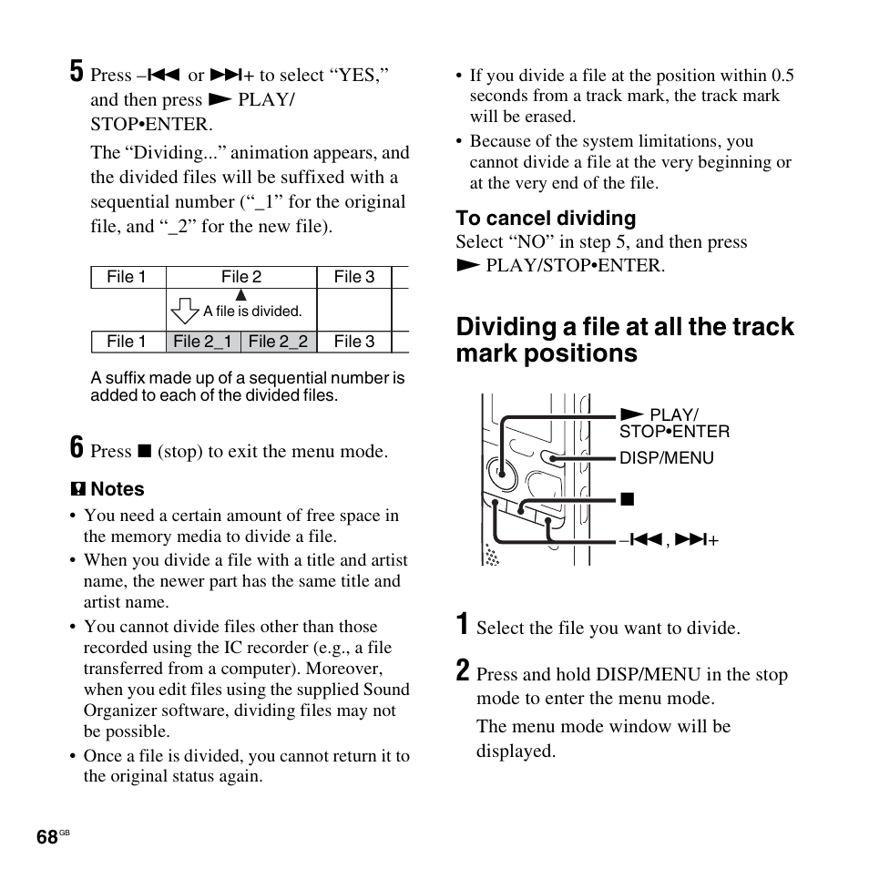 Dividing a file at all the track mark positions | Sony PX312F User Manual | Page 68 / 146