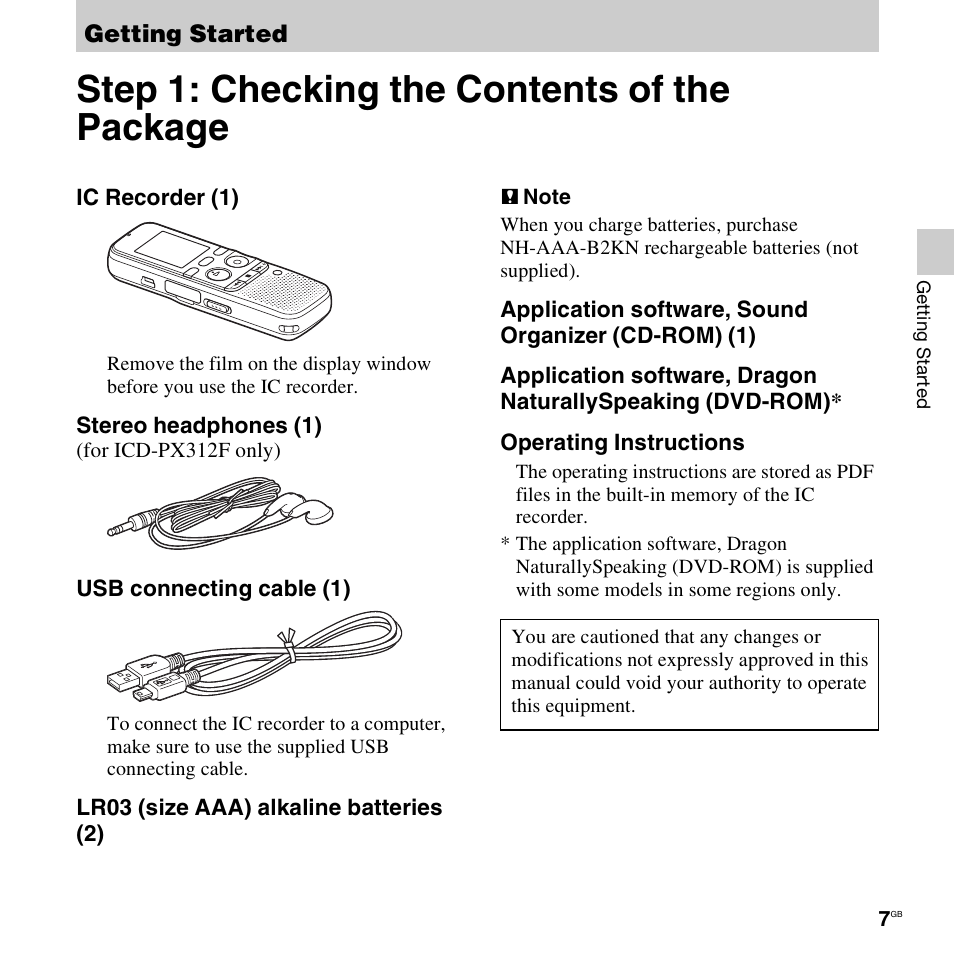 Getting started, Step 1: checking the contents of the package | Sony PX312F User Manual | Page 7 / 146