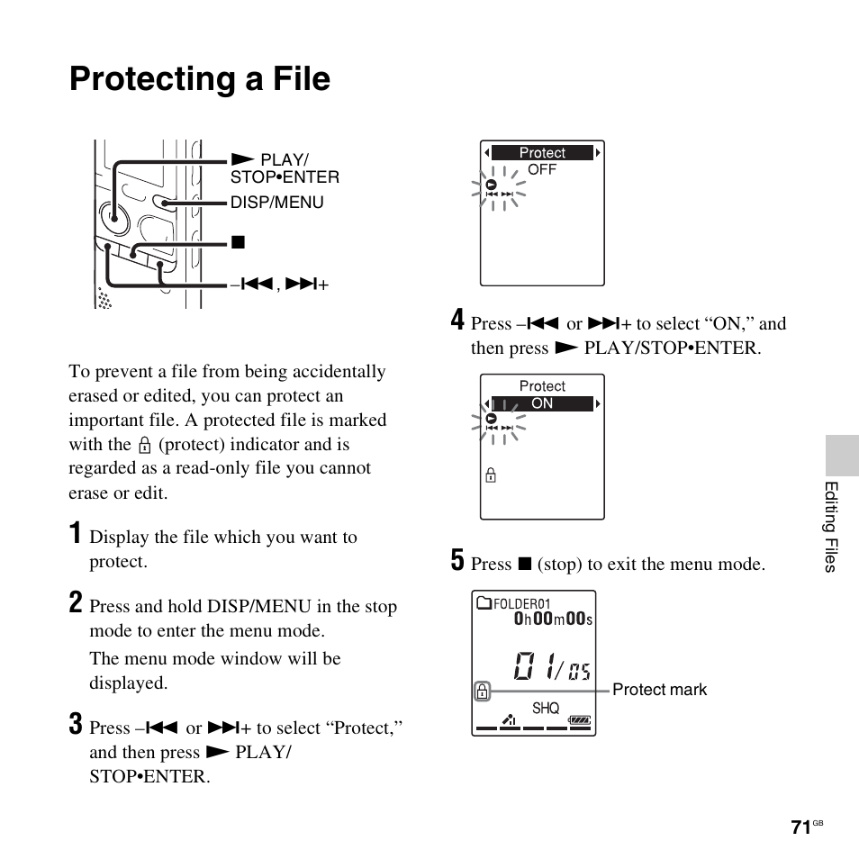 Protecting a file | Sony PX312F User Manual | Page 71 / 146