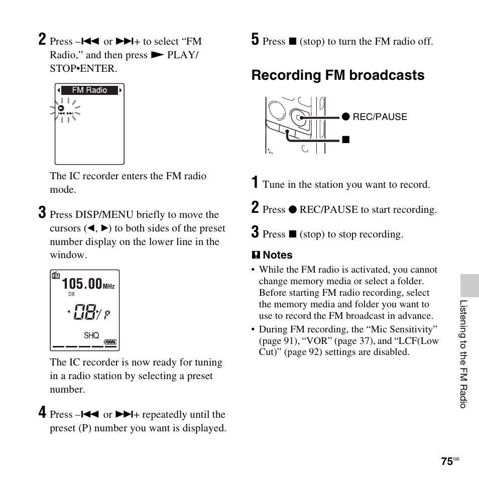 Recording fm broadcasts | Sony PX312F User Manual | Page 75 / 146