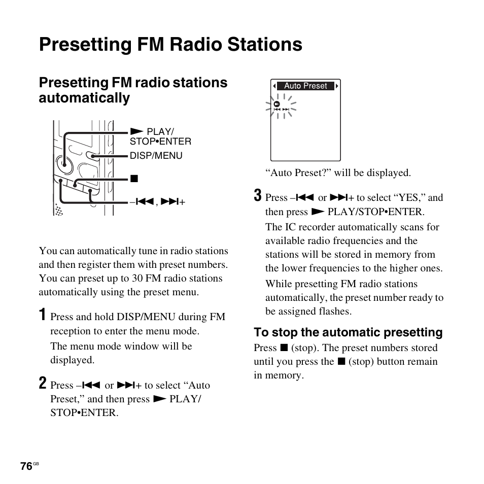 Presetting fm radio stations, Presetting fm radio stations automatically | Sony PX312F User Manual | Page 76 / 146