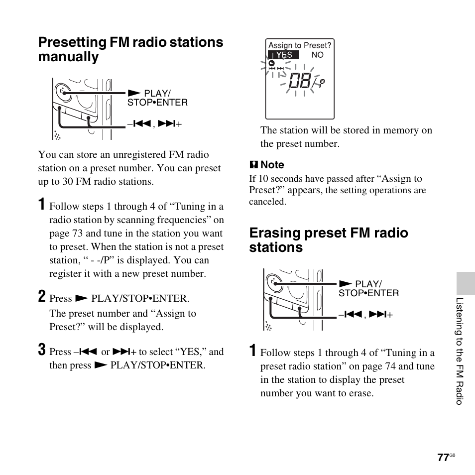 Presetting fm radio stations manually, Erasing preset fm radio stations | Sony PX312F User Manual | Page 77 / 146