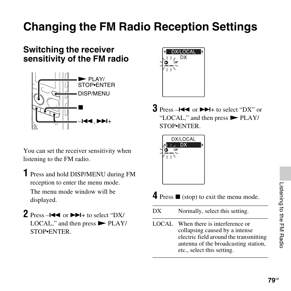 Changing the fm radio reception settings, Switching the receiver sensitivity of the fm radio | Sony PX312F User Manual | Page 79 / 146