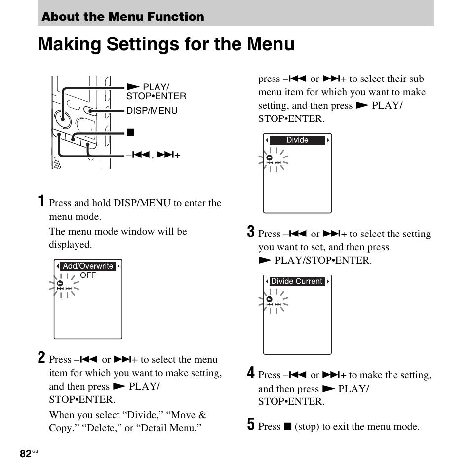 About the menu function, Making settings for the menu | Sony PX312F User Manual | Page 82 / 146