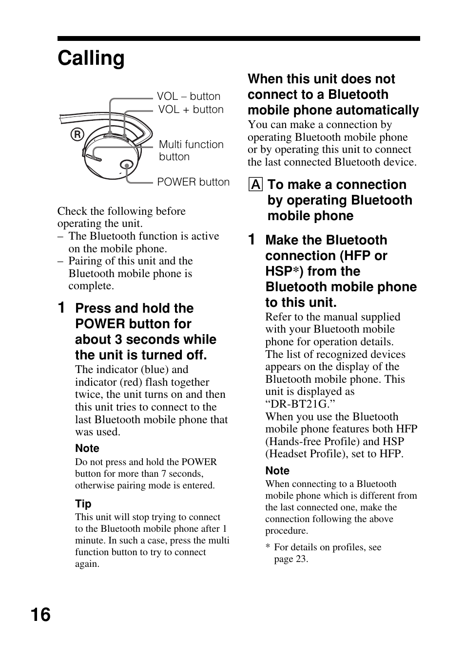 Calling | Sony DRBT21GB User Manual | Page 16 / 28