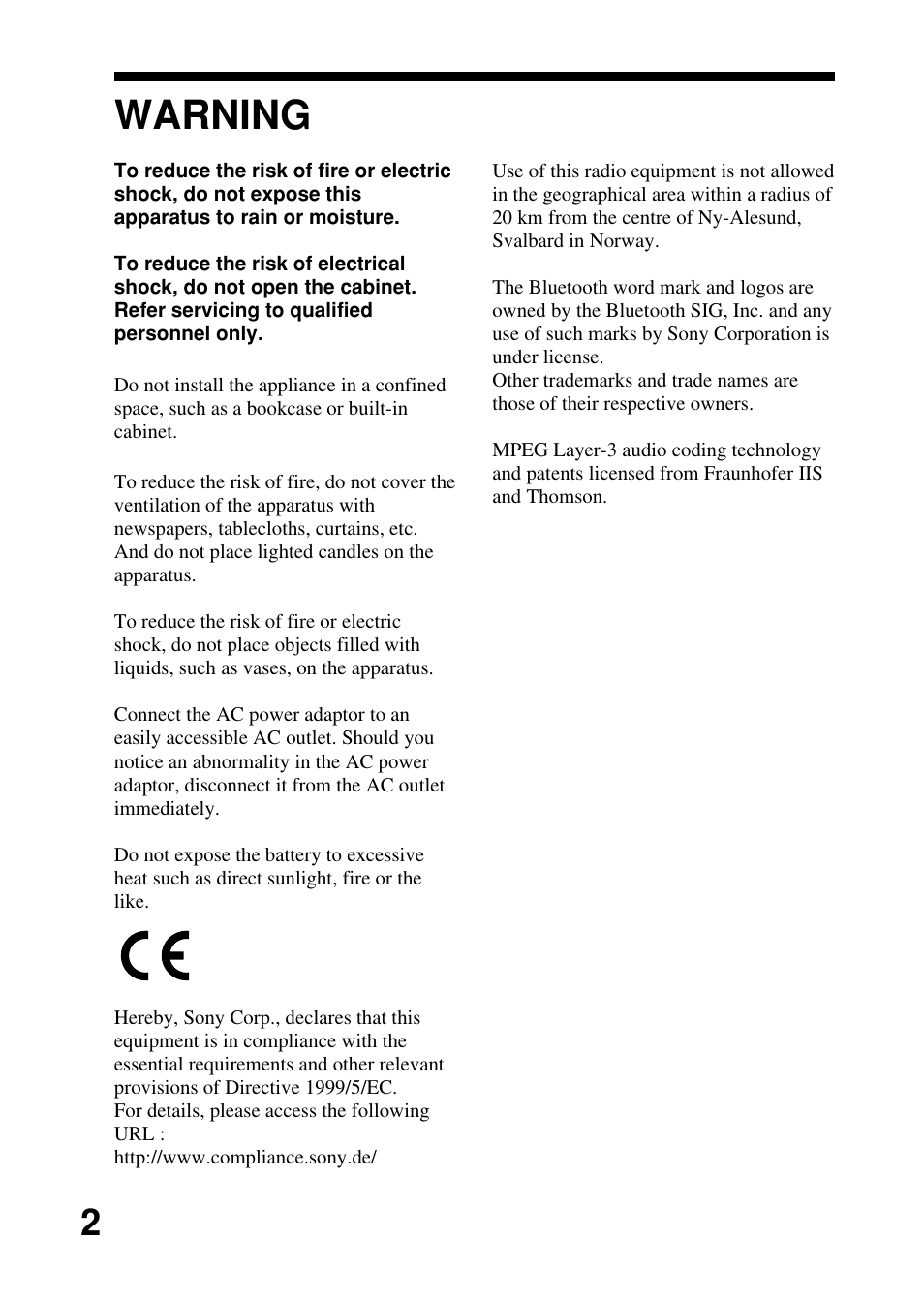 Warning | Sony DRBT21GB User Manual | Page 2 / 28