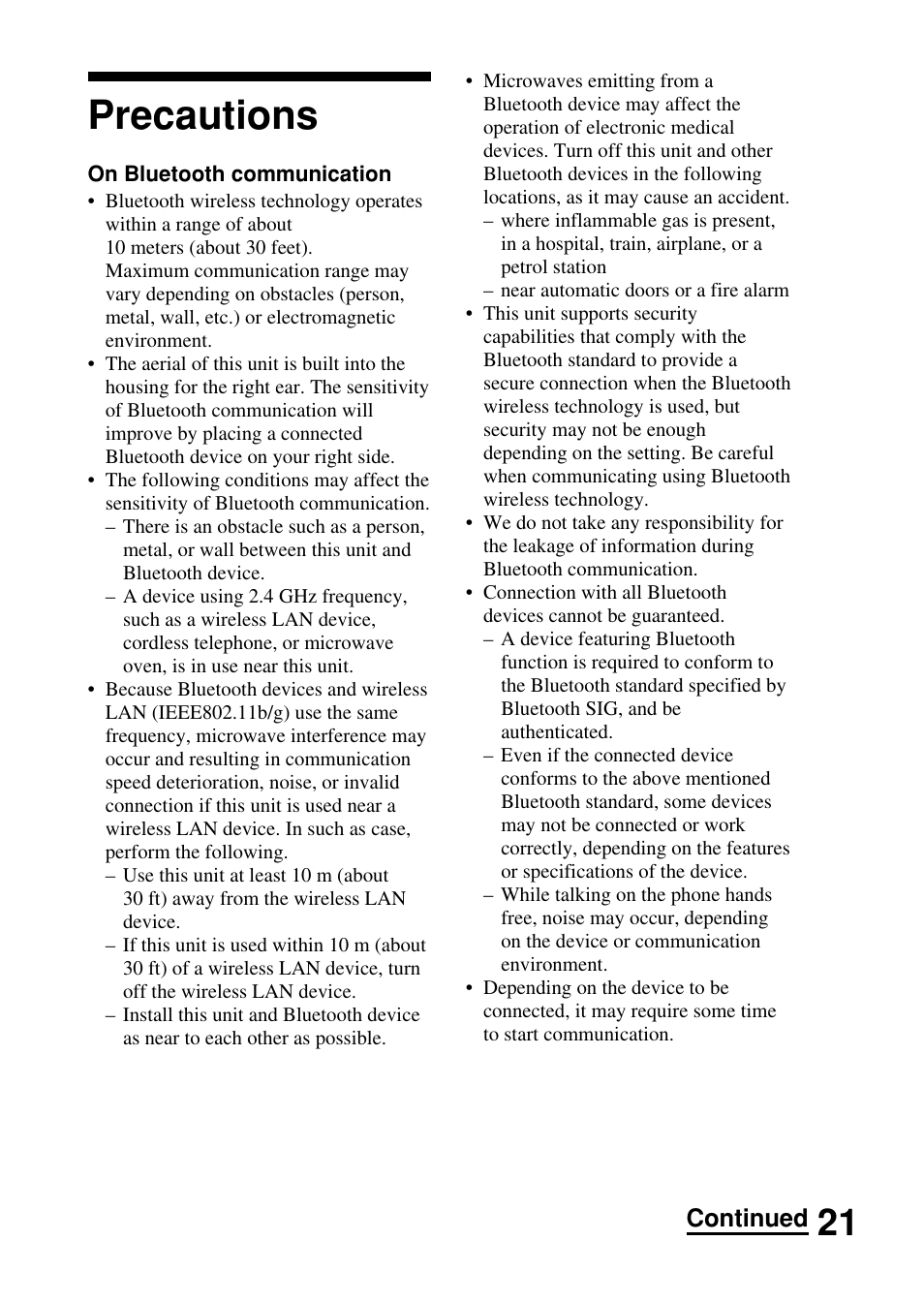 Precautions, Continued | Sony DRBT21GB User Manual | Page 21 / 28