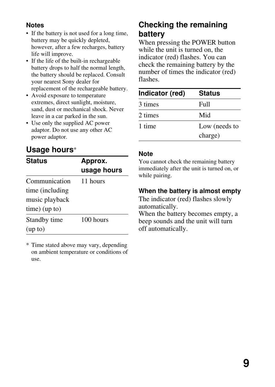 Checking the remaining battery, Usage hours | Sony DRBT21GB User Manual | Page 9 / 28