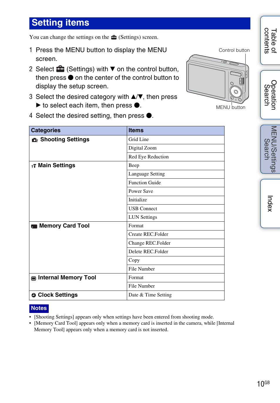 Setting items | Sony Cyber-shot 4-166-207-11(1) User Manual | Page 10 / 93