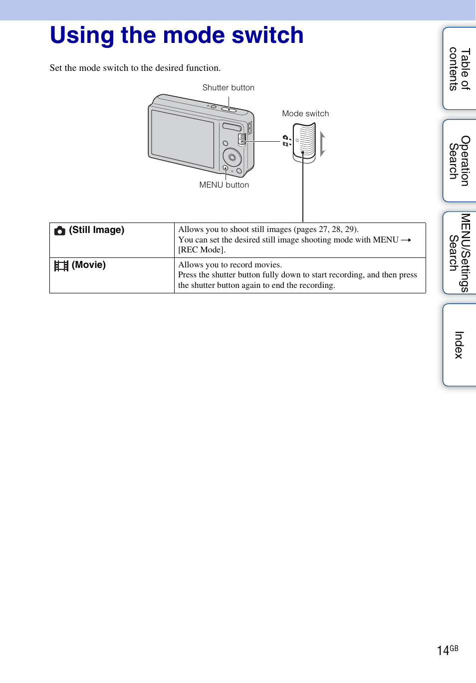 Using the mode switch, H (14) | Sony Cyber-shot 4-166-207-11(1) User Manual | Page 14 / 93