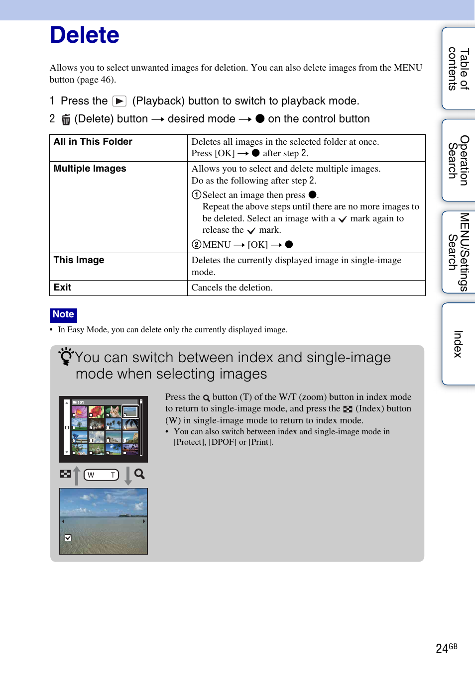 Delete | Sony Cyber-shot 4-166-207-11(1) User Manual | Page 24 / 93