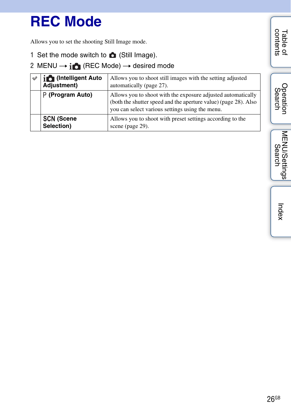 Rec mode | Sony Cyber-shot 4-166-207-11(1) User Manual | Page 26 / 93