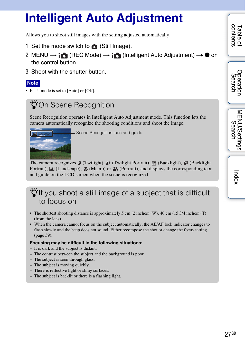 Intelligent auto adjustment, On scene recognition | Sony Cyber-shot 4-166-207-11(1) User Manual | Page 27 / 93