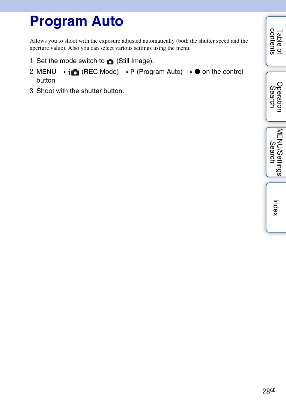 Program auto | Sony Cyber-shot 4-166-207-11(1) User Manual | Page 28 / 93