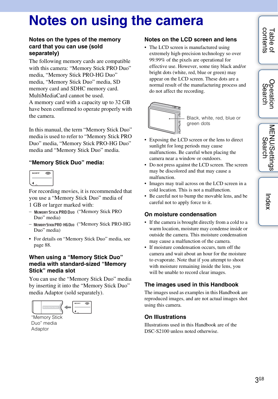 Notes on using the camera | Sony Cyber-shot 4-166-207-11(1) User Manual | Page 3 / 93