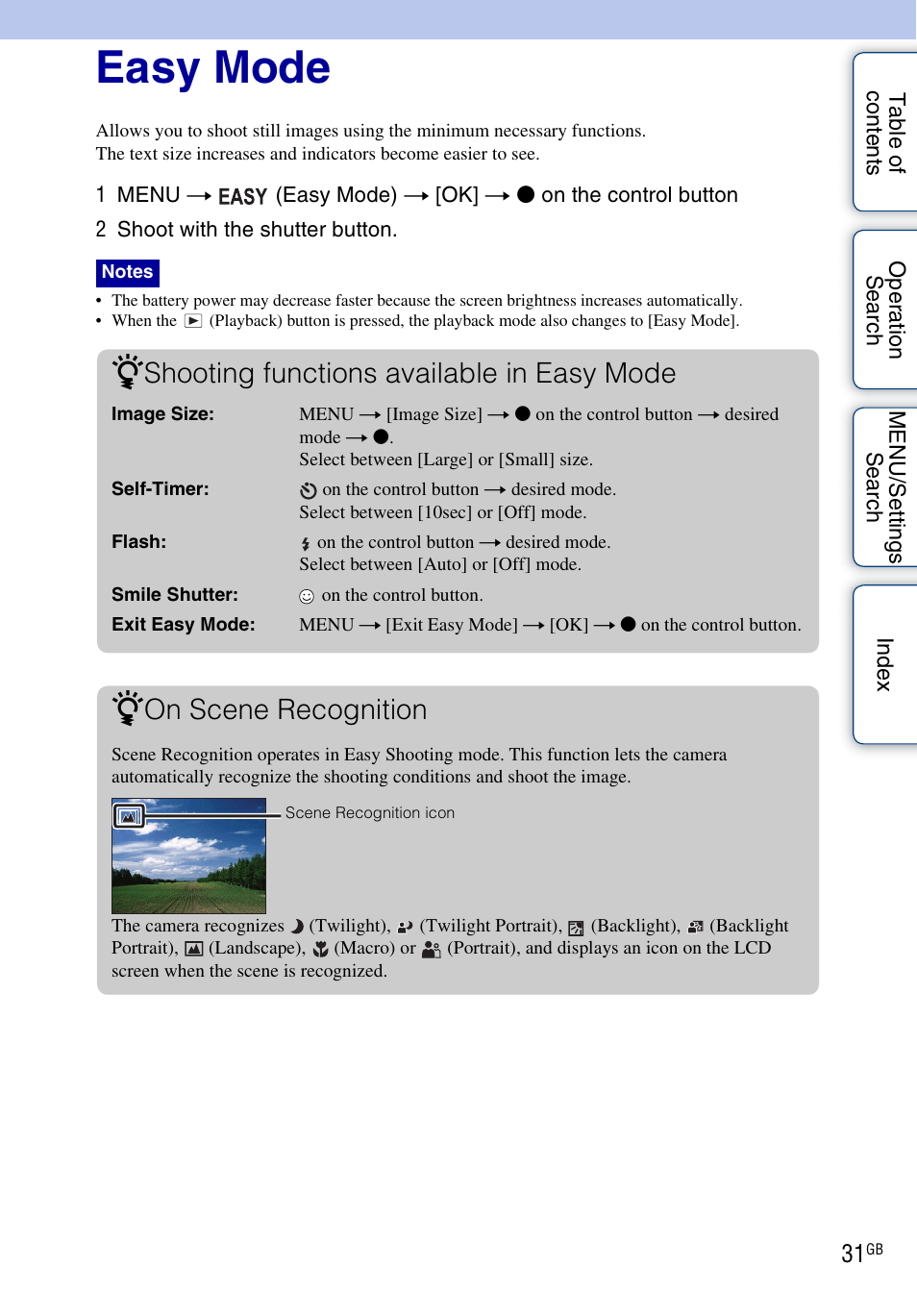 Easy mode, Shooting functions available in easy mode, On scene recognition | Sony Cyber-shot 4-166-207-11(1) User Manual | Page 31 / 93