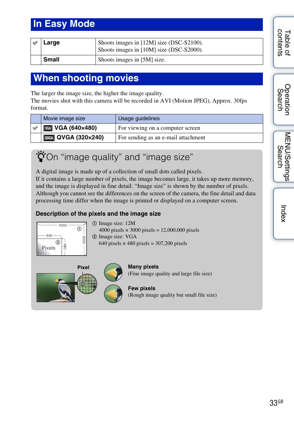 When shooting movies, On “image quality” and “image size | Sony Cyber-shot 4-166-207-11(1) User Manual | Page 33 / 93