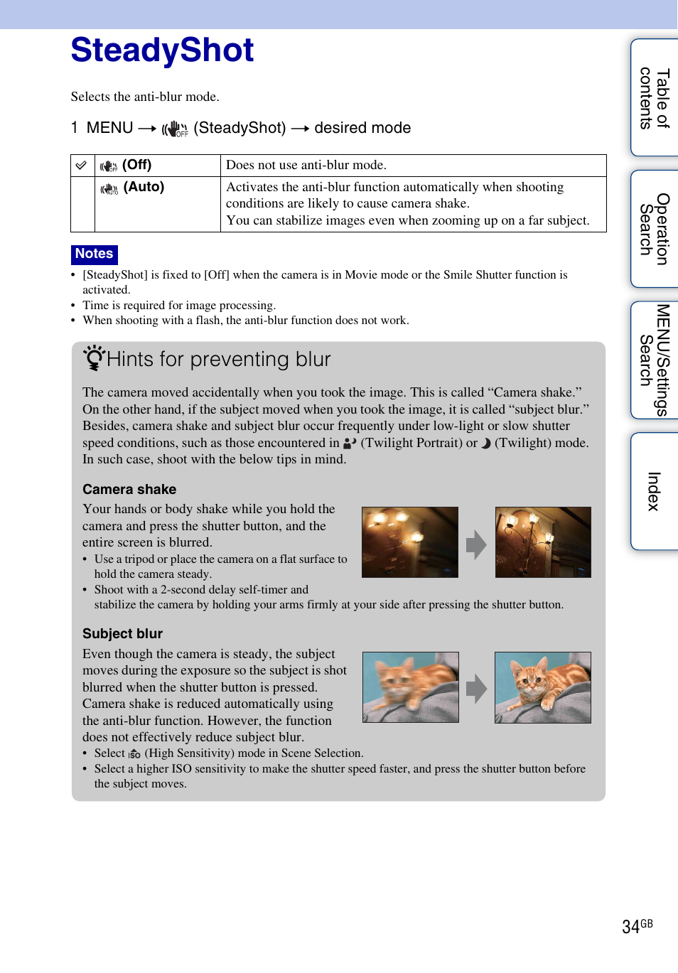 Steadyshot, Hints for preventing blur | Sony Cyber-shot 4-166-207-11(1) User Manual | Page 34 / 93