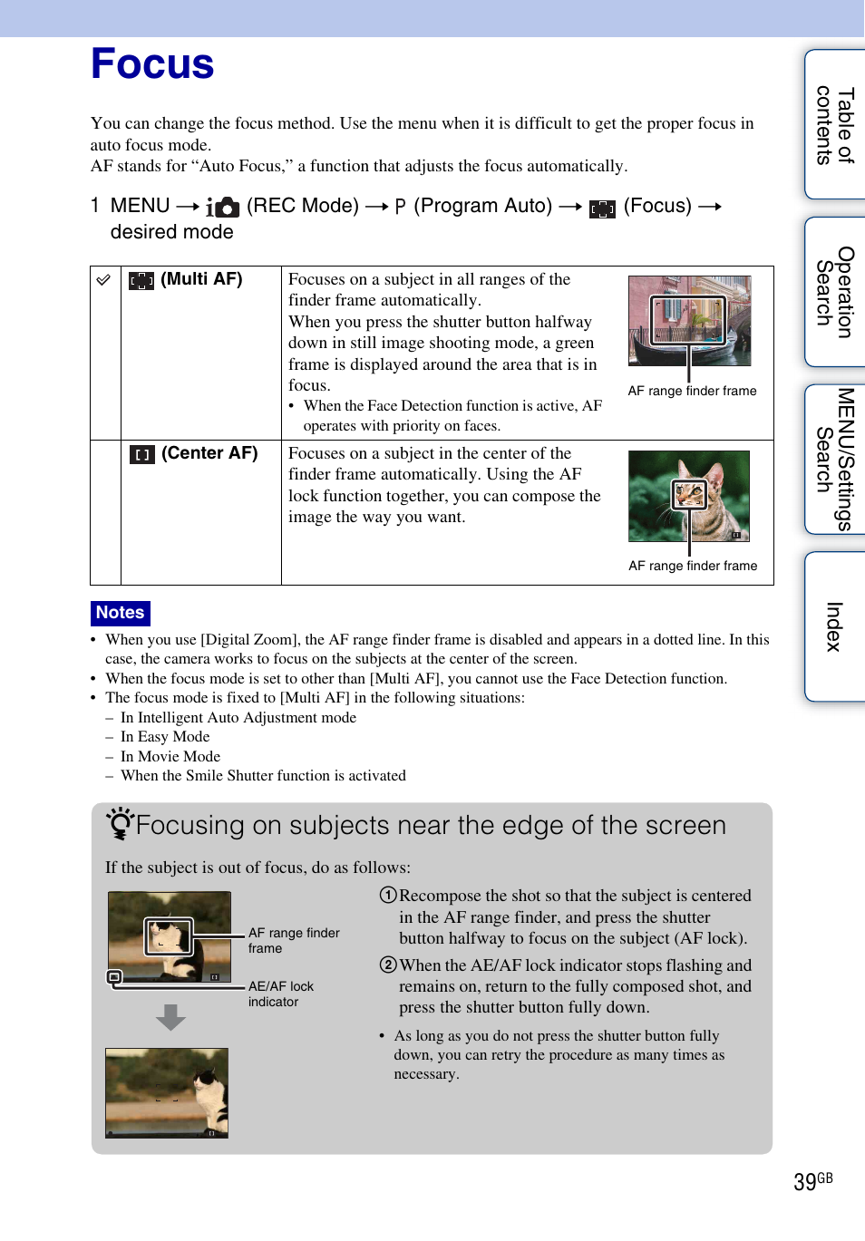 Focus, Focusing on subjects near the edge of the screen | Sony Cyber-shot 4-166-207-11(1) User Manual | Page 39 / 93