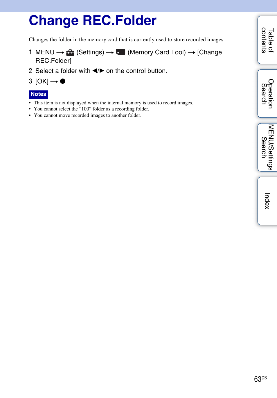 Change rec.folder | Sony Cyber-shot 4-166-207-11(1) User Manual | Page 63 / 93