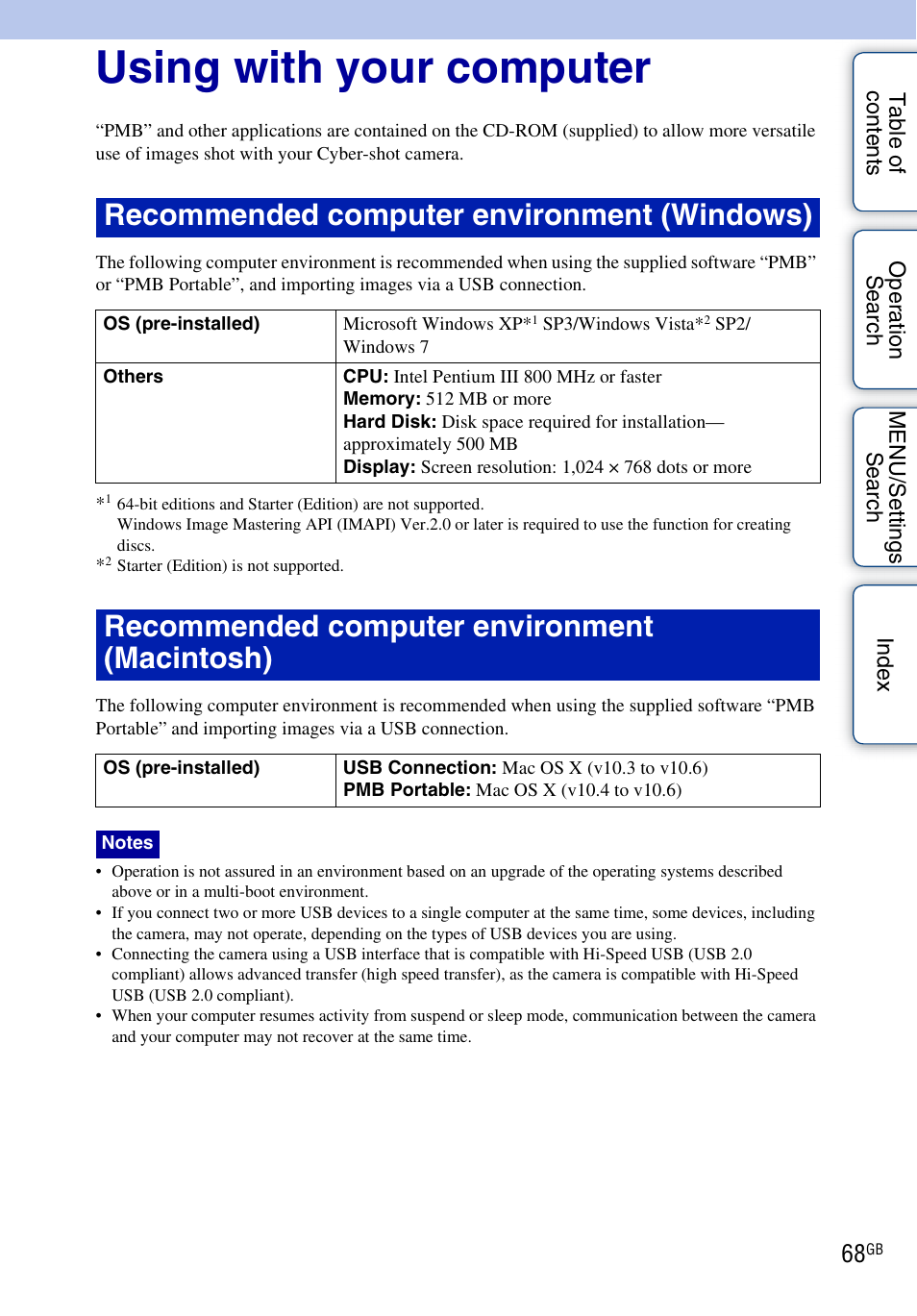 Using with your computer, Recommended computer environment (windows), Recommended computer environment (macintosh) | Sony Cyber-shot 4-166-207-11(1) User Manual | Page 68 / 93