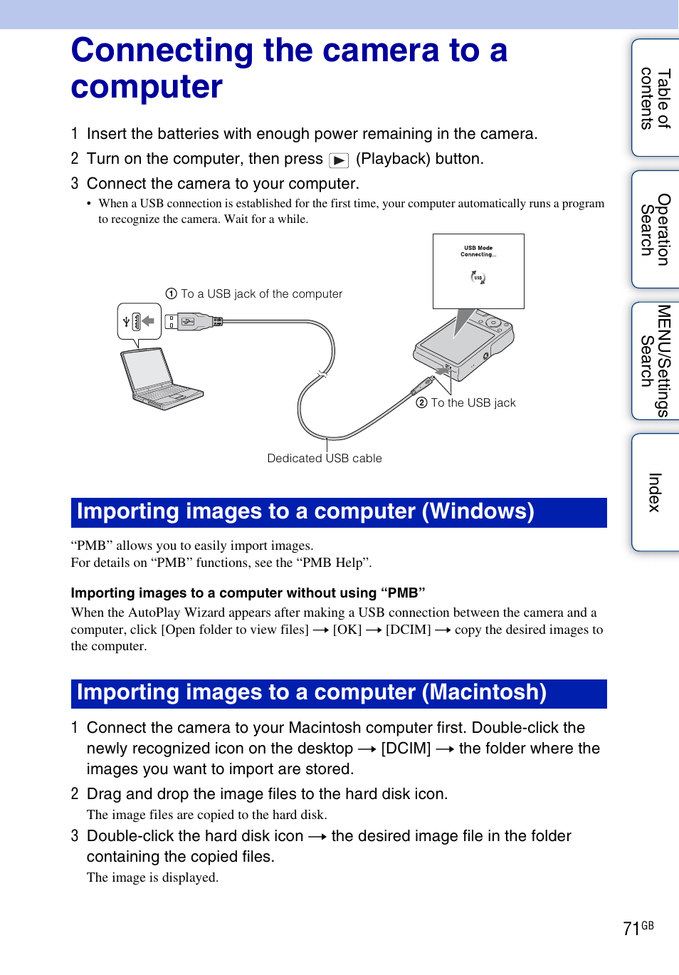 Connecting the camera to a computer | Sony Cyber-shot 4-166-207-11(1) User Manual | Page 71 / 93