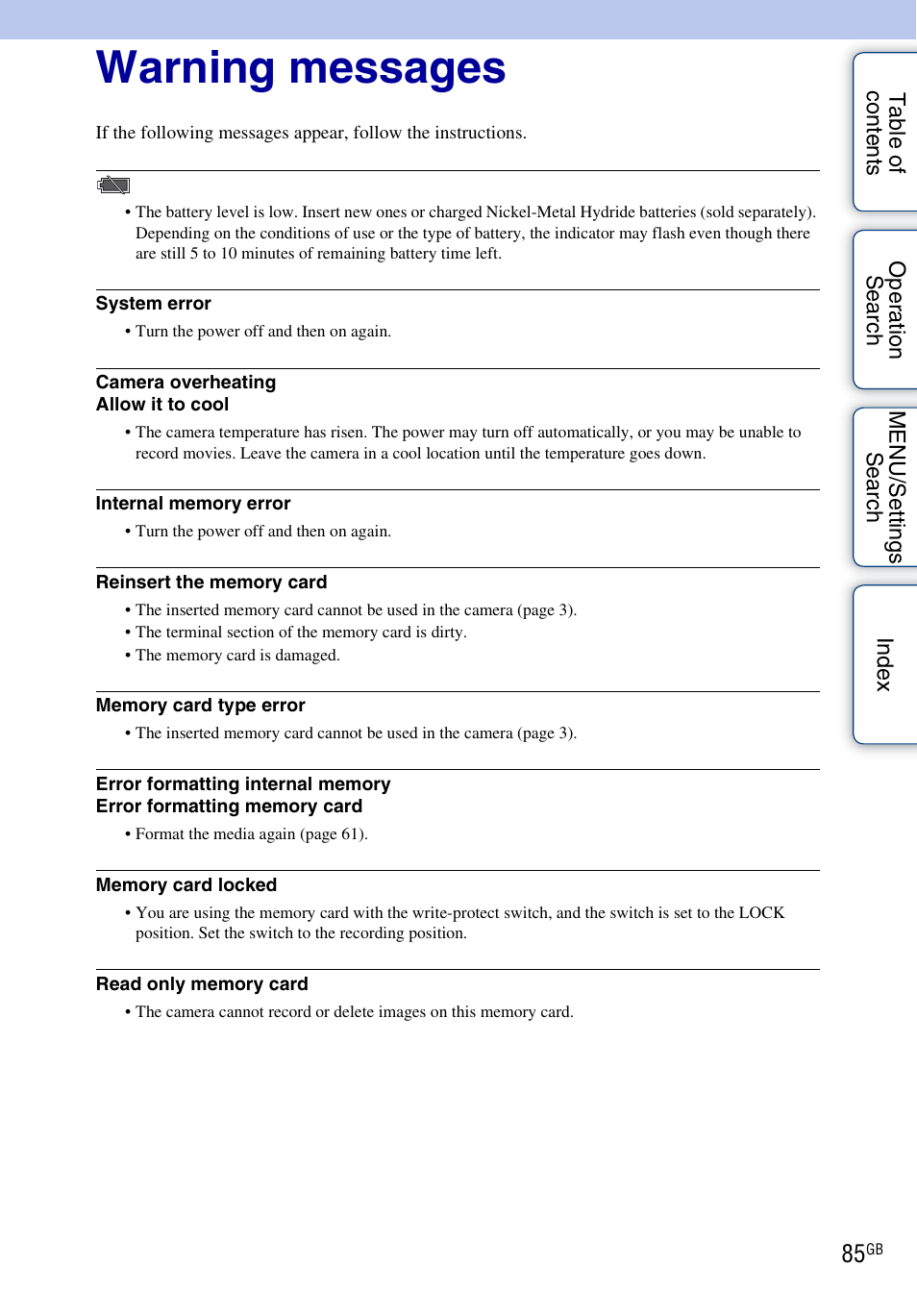 Warning messages | Sony Cyber-shot 4-166-207-11(1) User Manual | Page 85 / 93