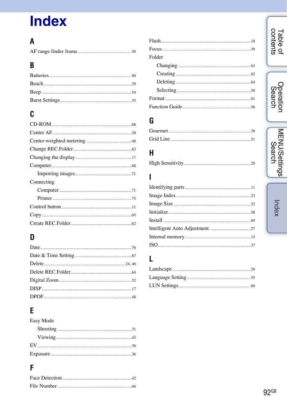 Index, De x | Sony Cyber-shot 4-166-207-11(1) User Manual | Page 92 / 93