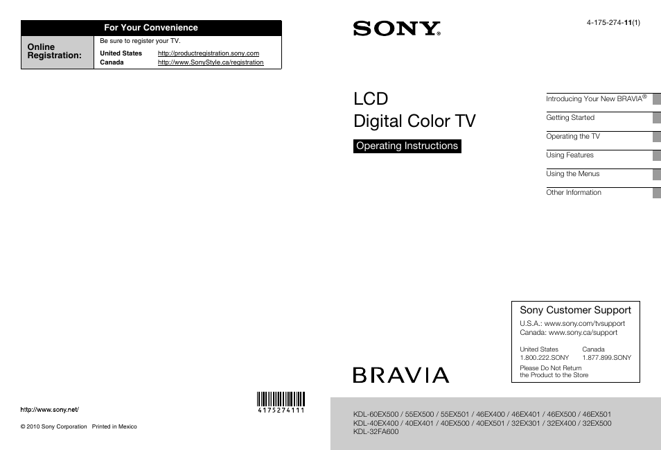 Sony BRAVIA KDL-0EX500 User Manual | 59 pages