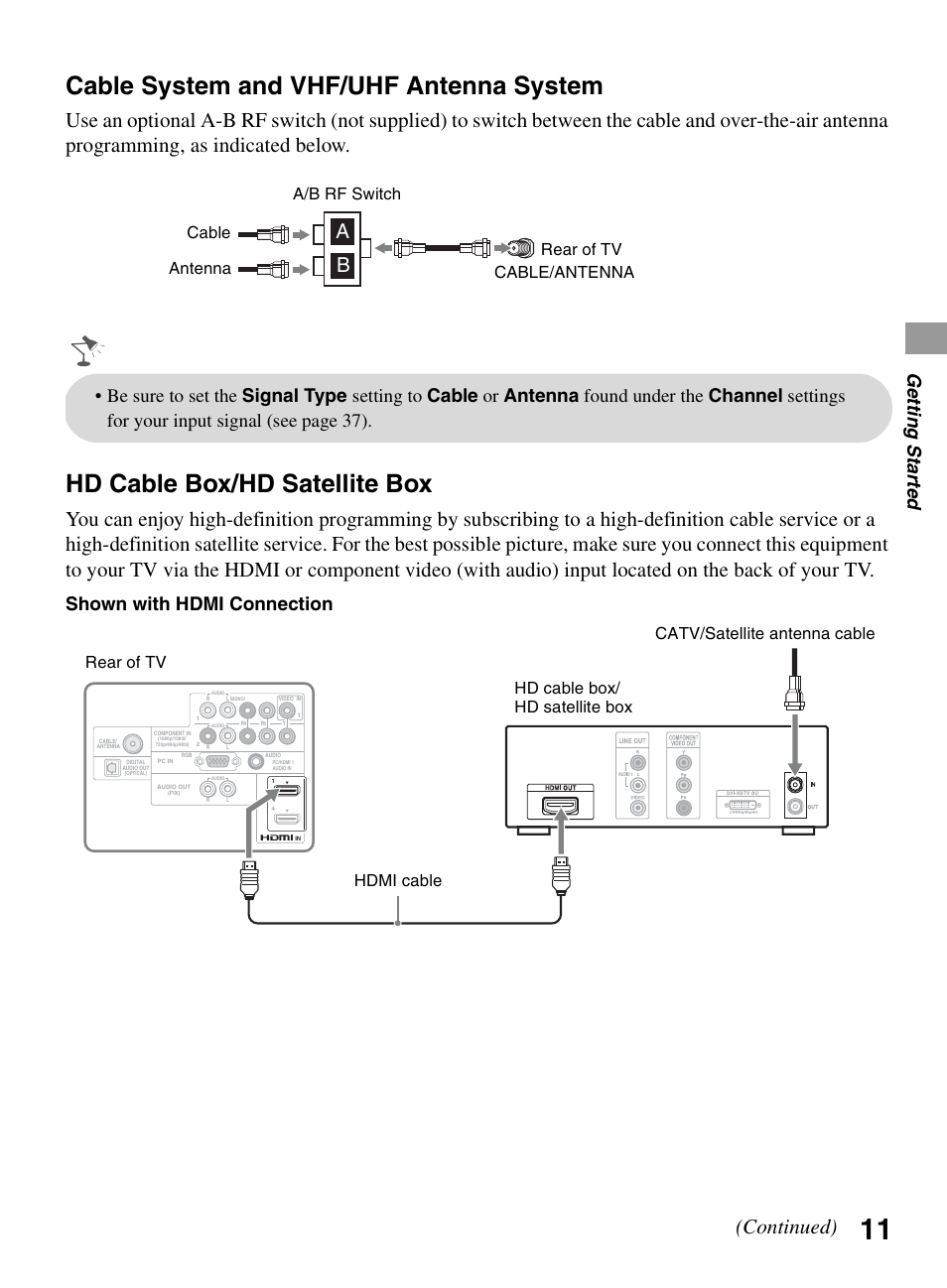 Cable system and vhf/uhf antenna system, Hd cable box/hd satellite box, Continued) | Ge tting started, Shown with hdmi connection | Sony BRAVIA KDL-0EX500 User Manual | Page 11 / 59