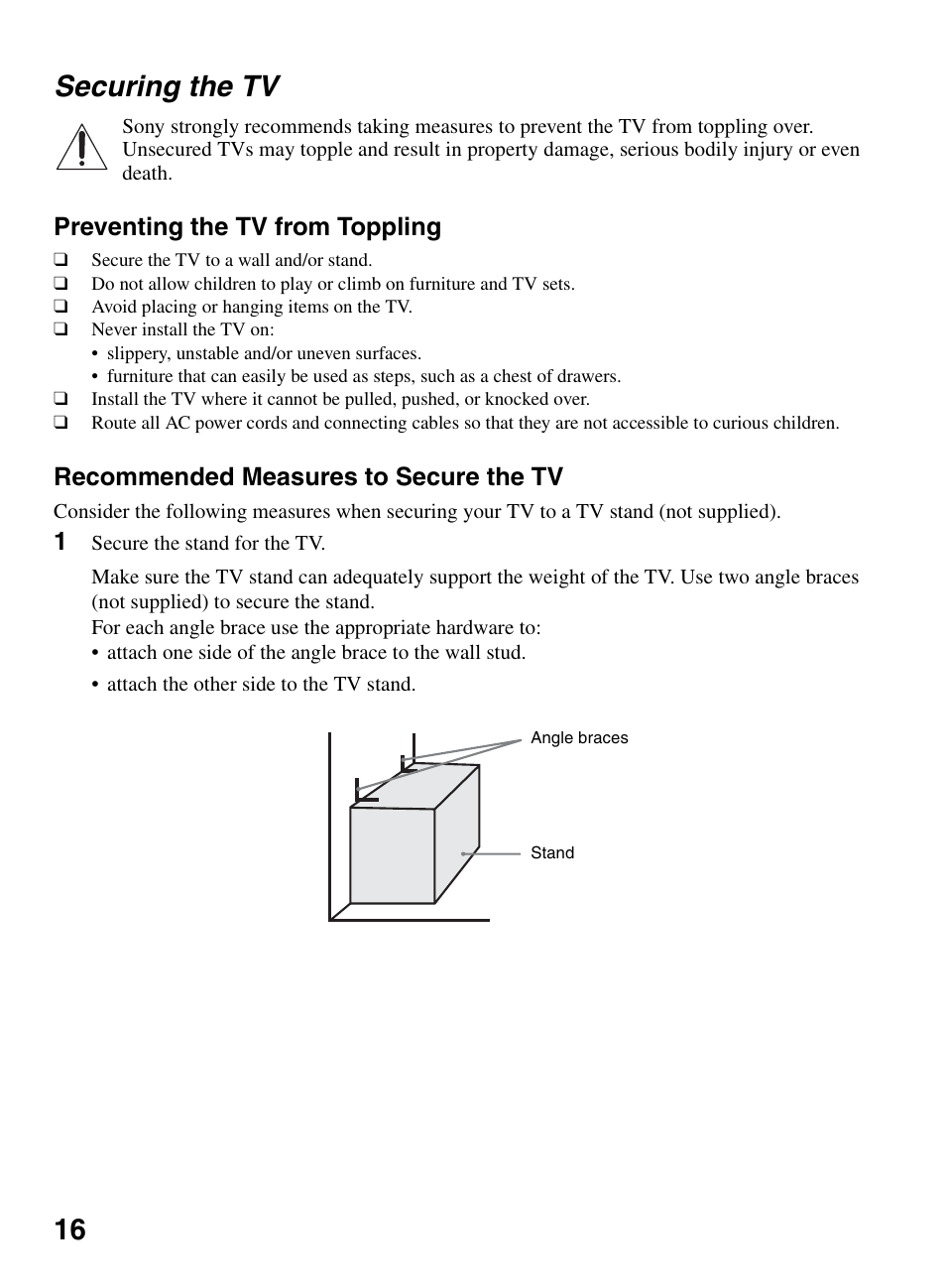 Securing the tv, 16 securing the tv, Preventing the tv from toppling | Recommended measures to secure the tv | Sony BRAVIA KDL-0EX500 User Manual | Page 16 / 59