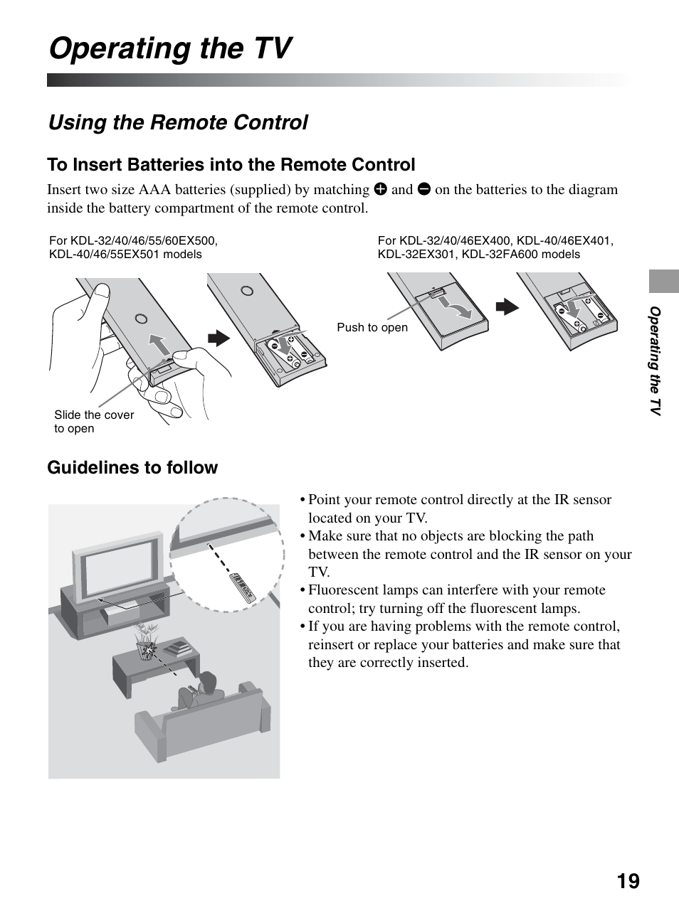 Operating the tv, Using the remote control, Guidelines to follow | Sony BRAVIA KDL-0EX500 User Manual | Page 19 / 59